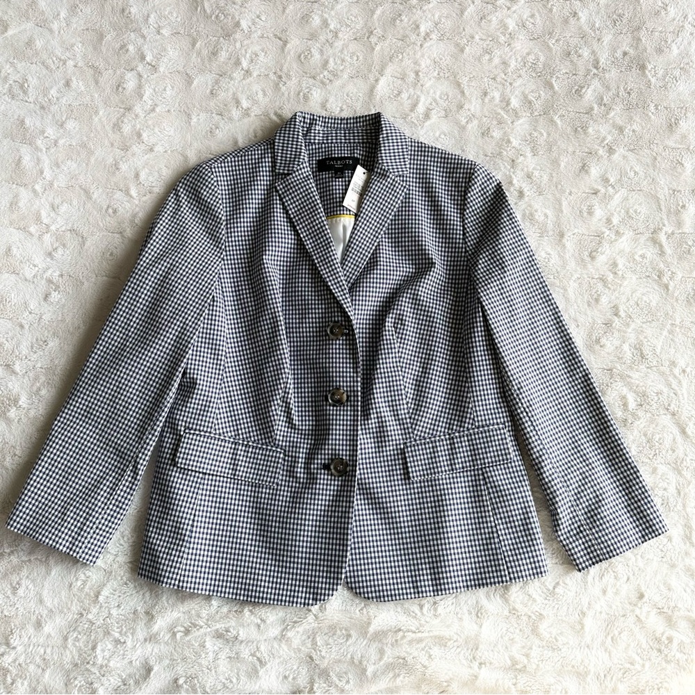 Talbots Blazer Jacket Womens 6 Petite Navy Gingham Cotton Blend Preppy Lined NWT